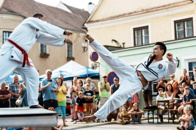 Auftritt beim Mauterner Stadtfest 2025, Meister Dhan beim Sprungkick Bruchtest