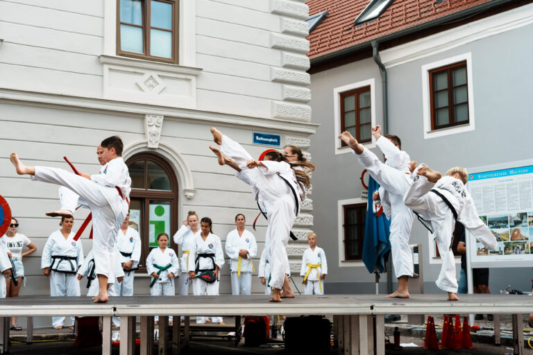Auftritt beim Mauterner Stadtfest 2025, Die Fortgeschrittenen Schüler*innen zeigen gemeinsam mit Meisterin Laura etwas vor